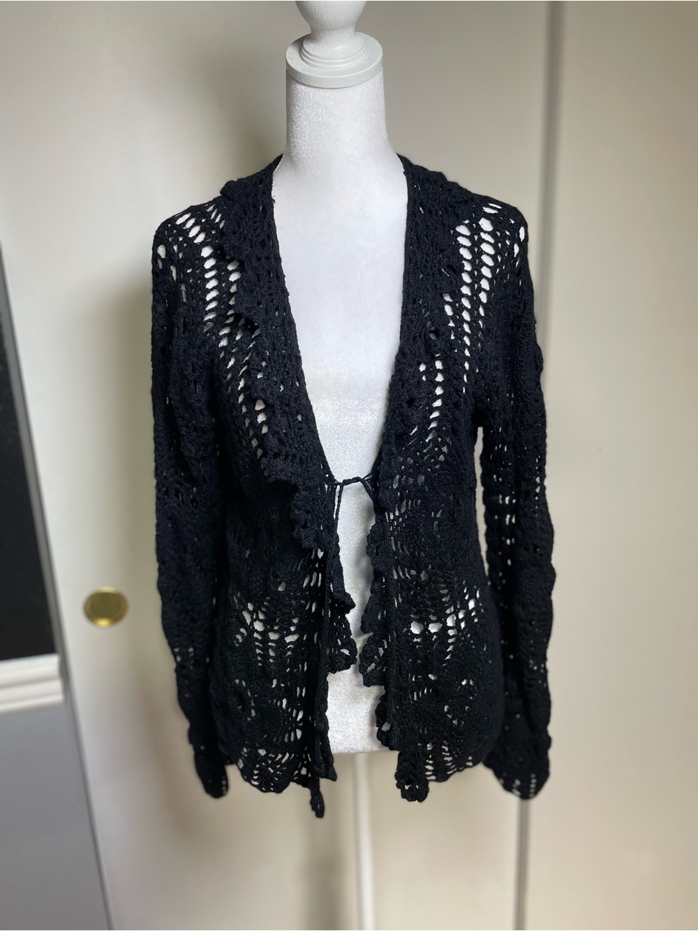 Black Crochet Openwork Women's Sweater Cardigan